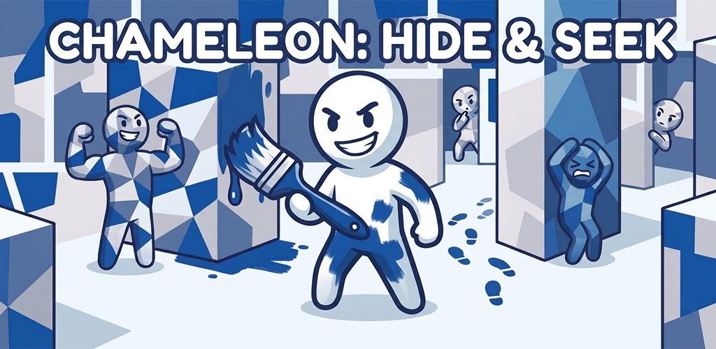 Chameleon: Hide & Seek key art — a paint-covered chameleon character with a brush, hunters searching a blue low-poly world