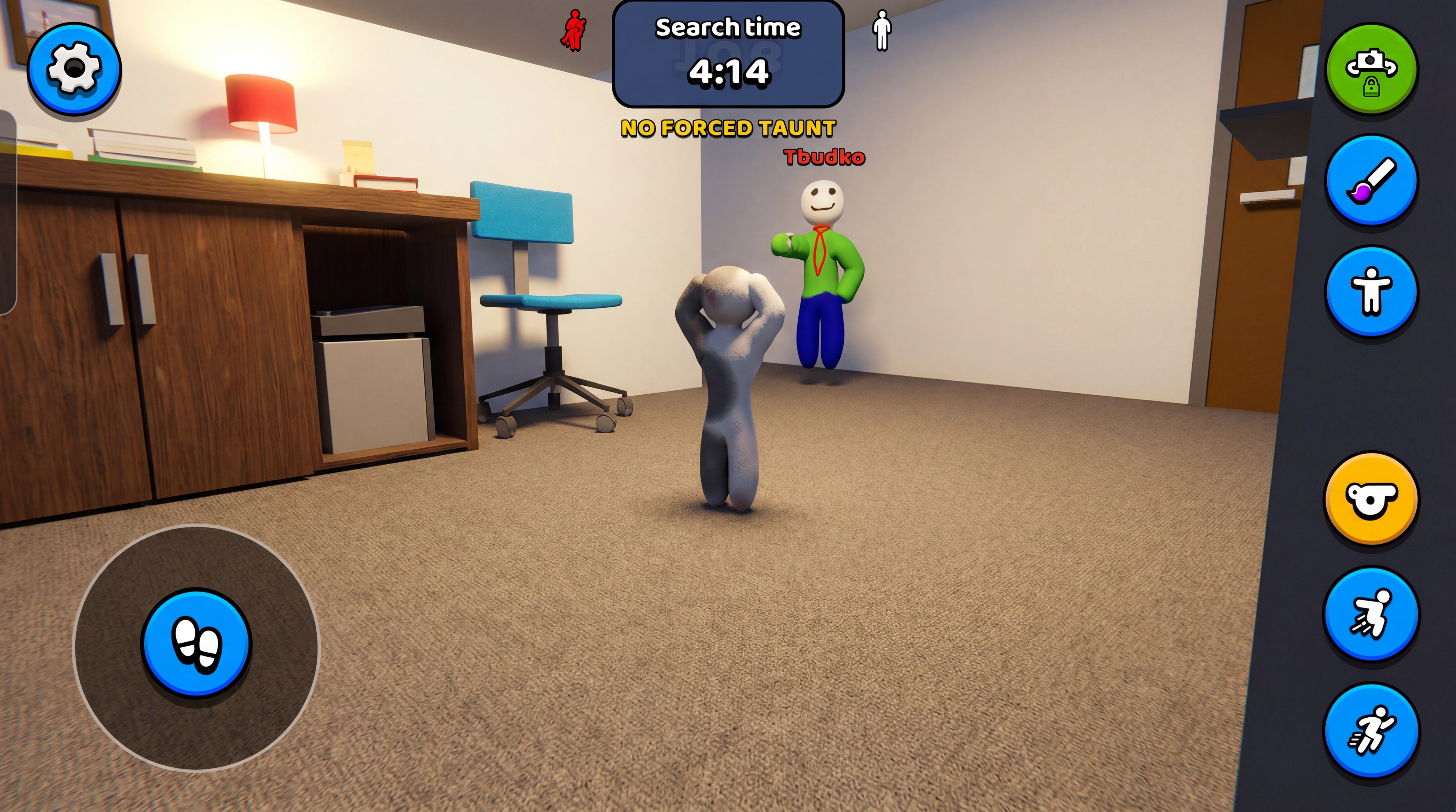 Two players facing off in an office, one taunting